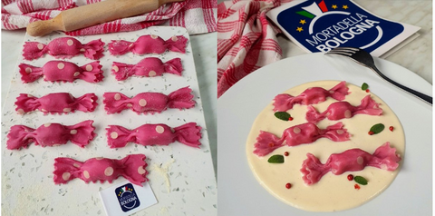 Ravioli caramella a pois con mortadella Bologna Igp